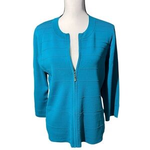 Spense Teal Blue Knit Zip Up Cardigan, 3/4 length sleeve, size XL
